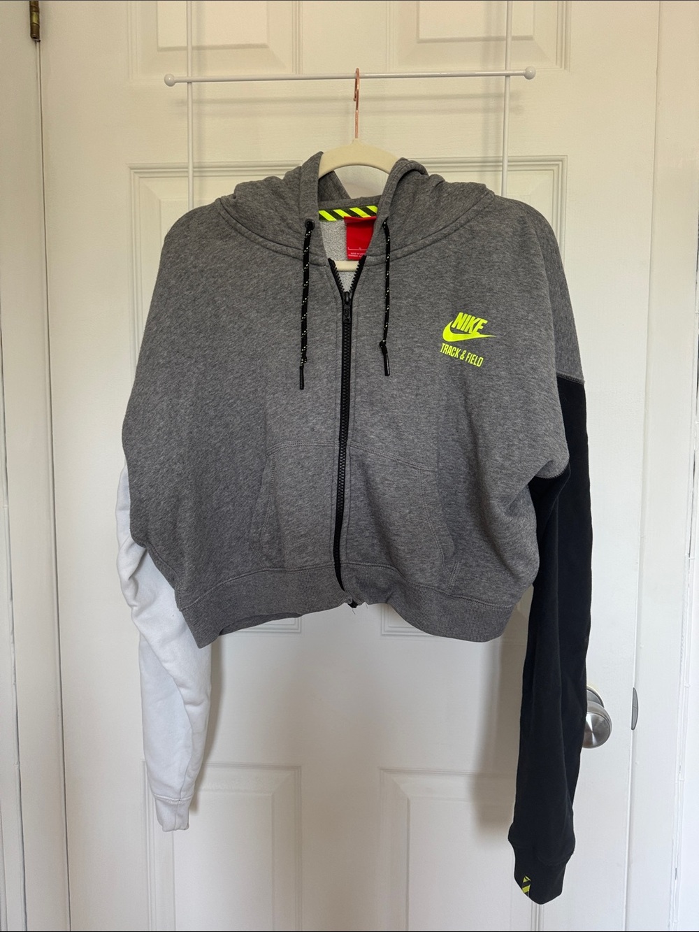 Nike Grey Cropped Hoodie with Black and White Contrast Sleeves
